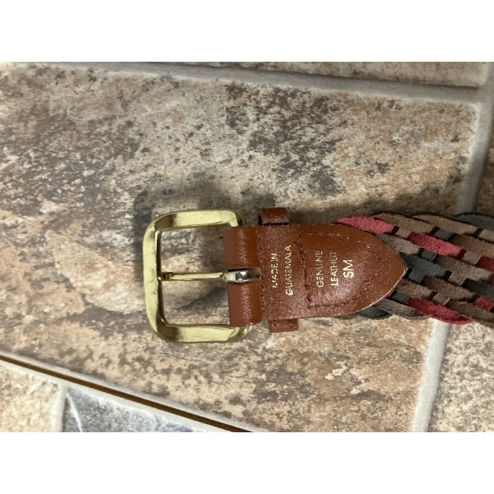 Woven Leather Belt Multicolored Braided Genuine Leather Brass Buckle Small‎